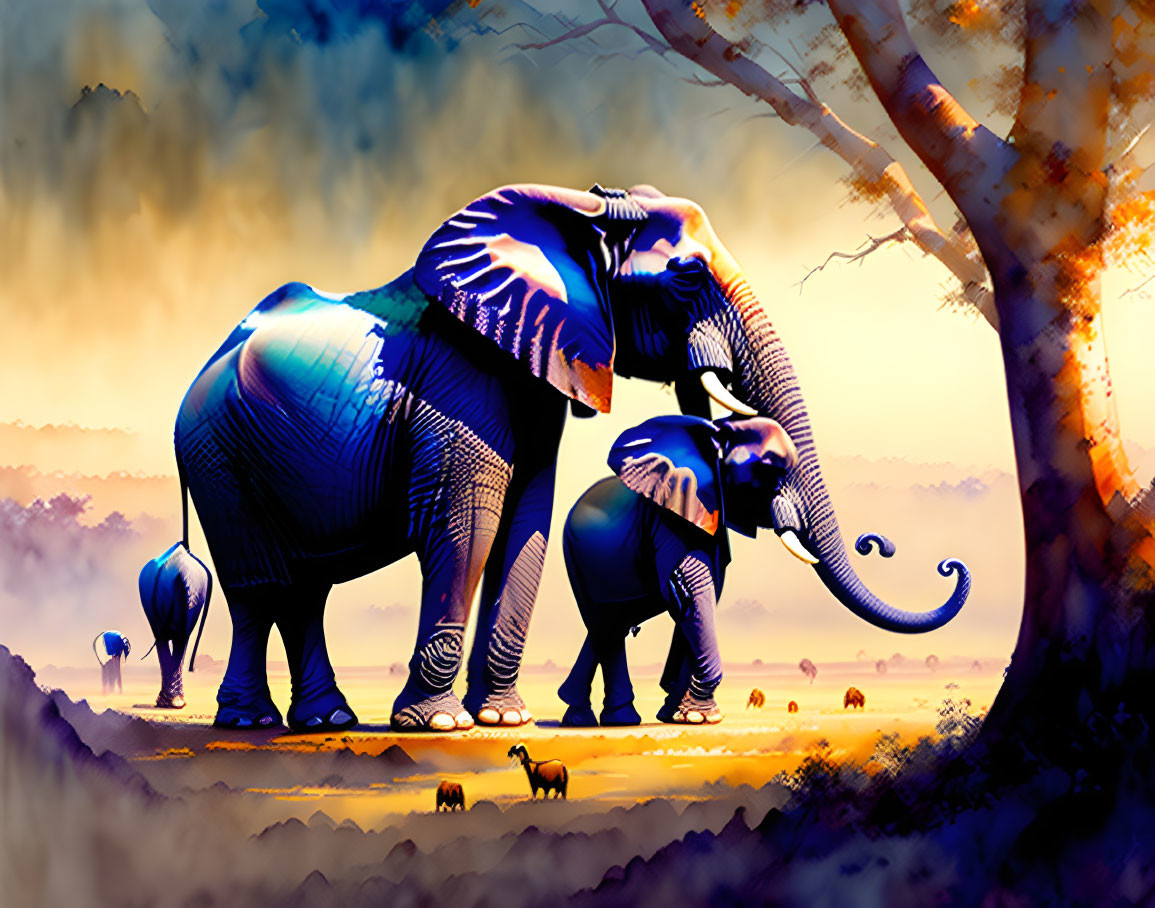 Detailed Elephant Patterns in Vibrant Surreal Landscape