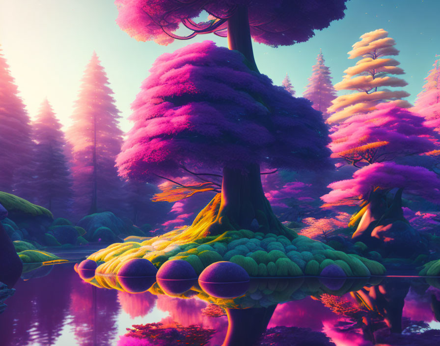 Vibrant fantasy forest with purple and golden foliage, reflective water, and mystical sky