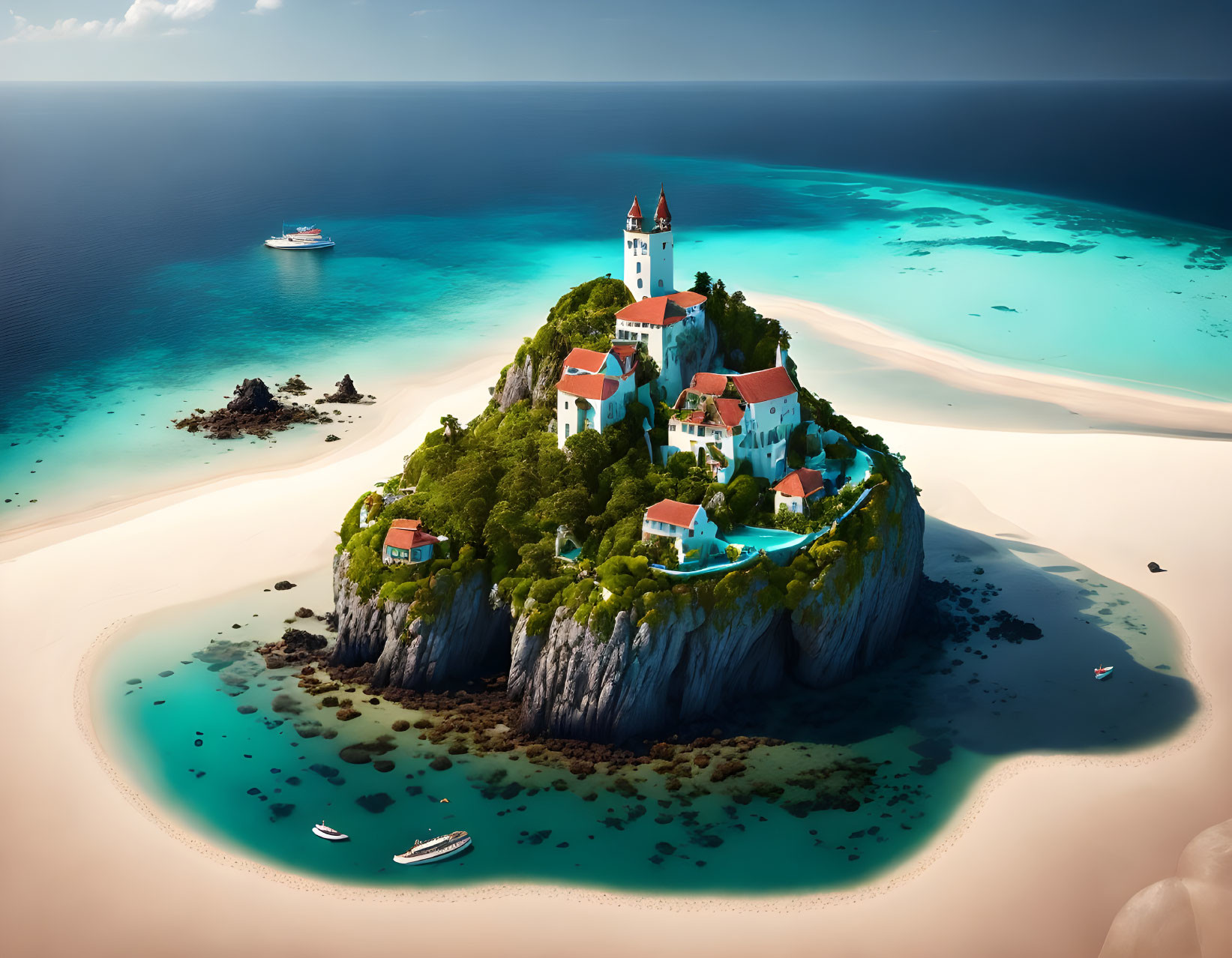 White lighthouse and buildings on picturesque island with turquoise waters, sandy shores, boats, and yacht.