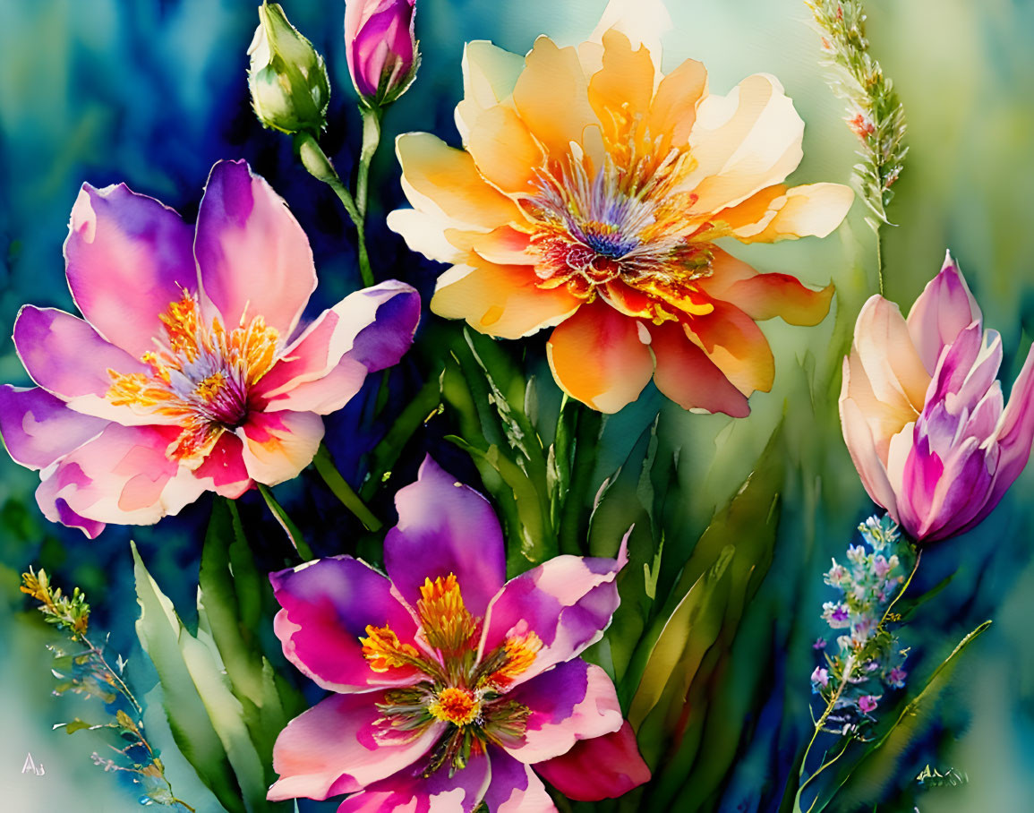 Colorful Watercolor Painting of Orange Bloom and Purple Flowers