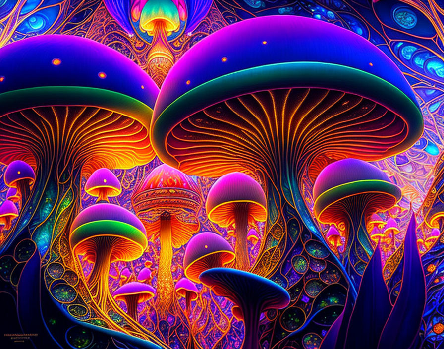 Colorful Psychedelic Artwork of Stylized Mushrooms in Neon Environment