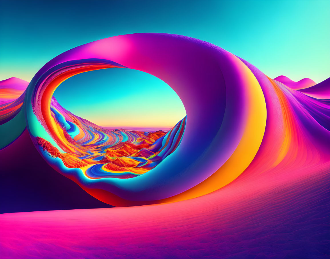 Colorful swirling tunnel, psychedelic waves, and vibrant dunes in surreal landscape