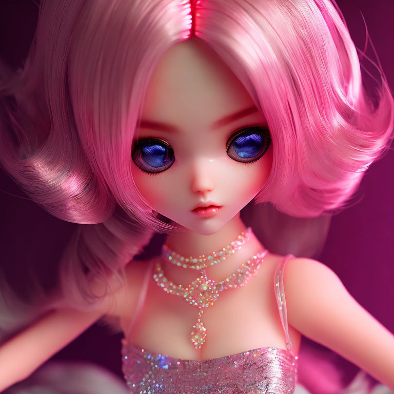 Doll with Pink Hair, Blue Eyes, and Sparkling Necklace on Pink Background