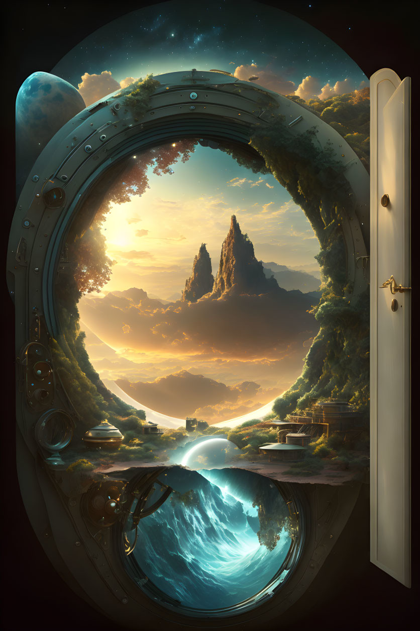 Fantastical open portal overlooking serene landscape