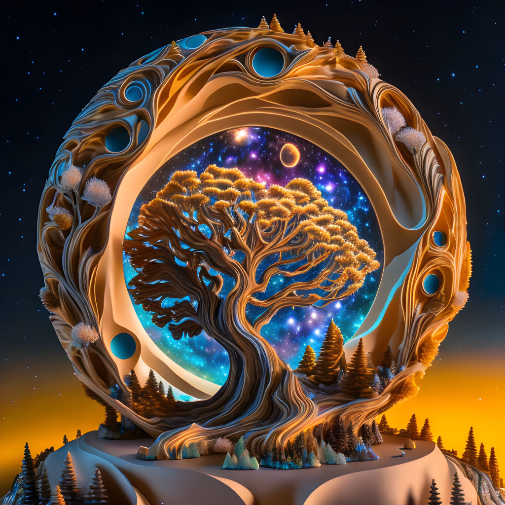 Surreal cosmic tree digital artwork in ornate circular frame