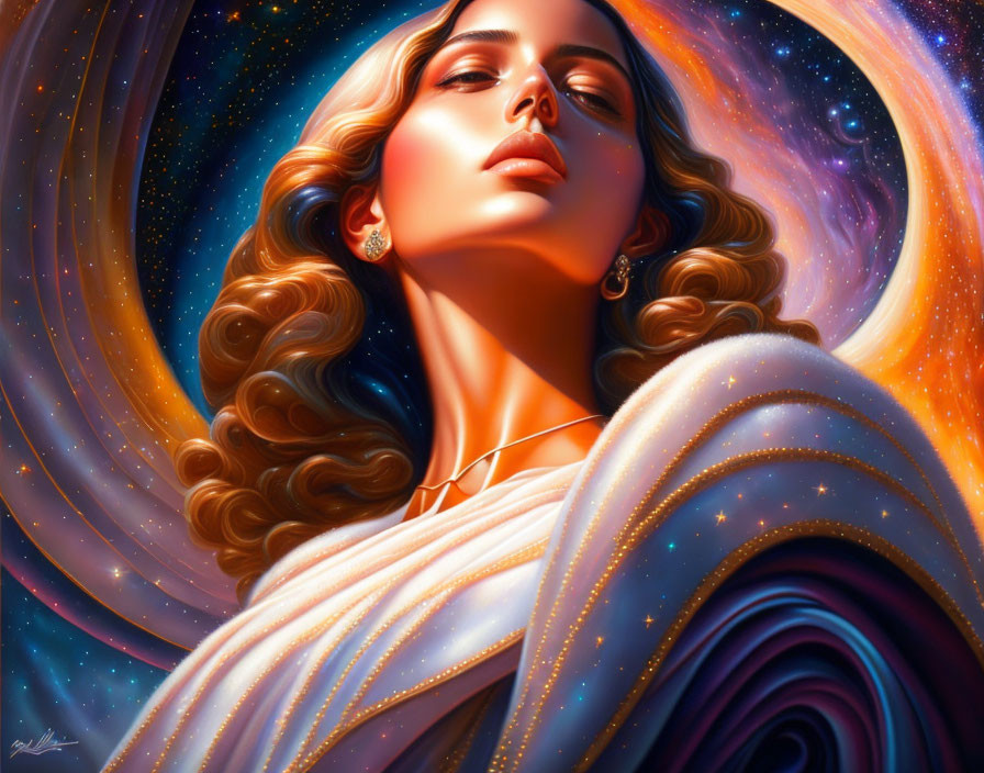 Stylized portrait of woman with flowing hair against cosmic background