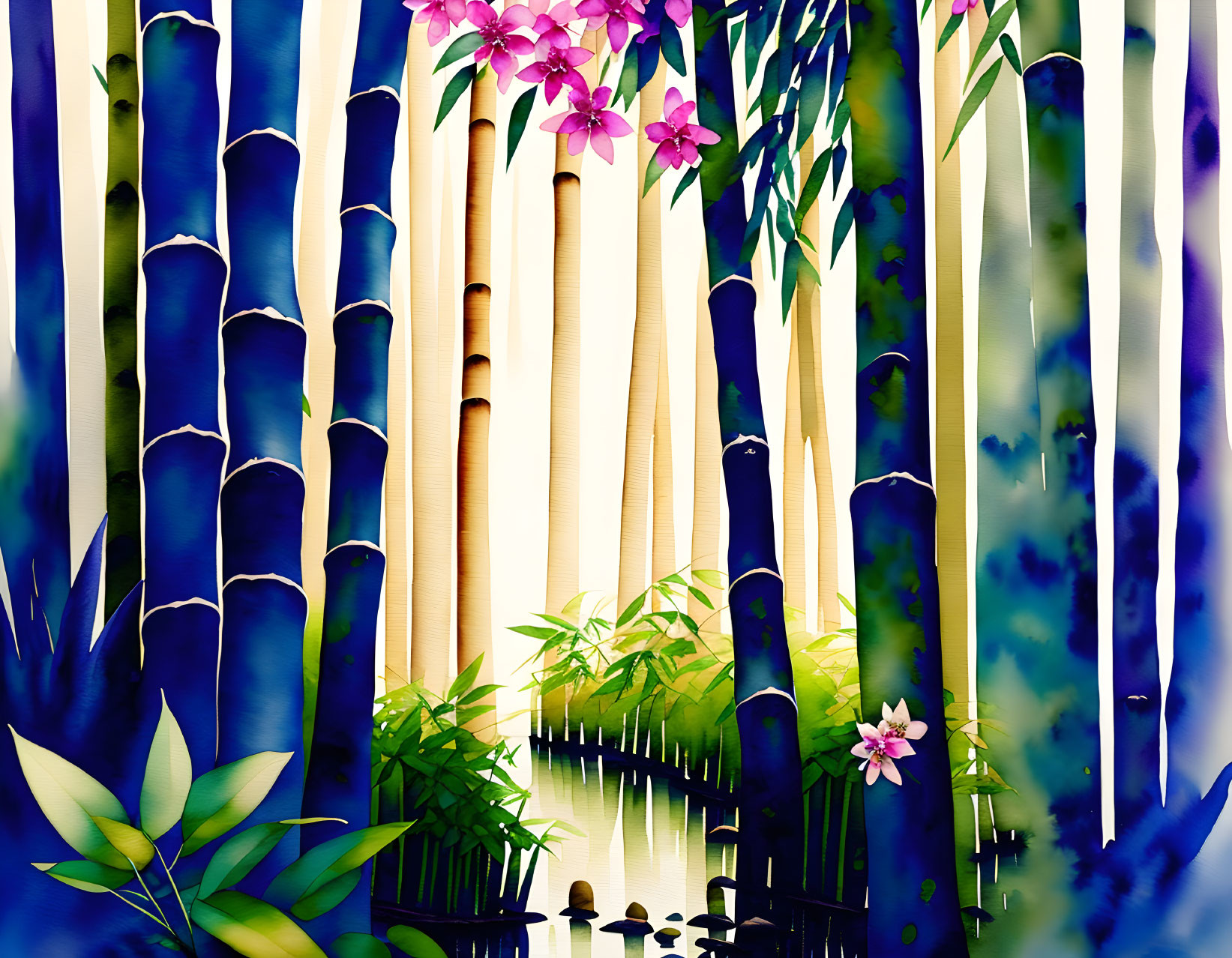 Colorful digital artwork: Bamboo forest with pink flowers under blue sky