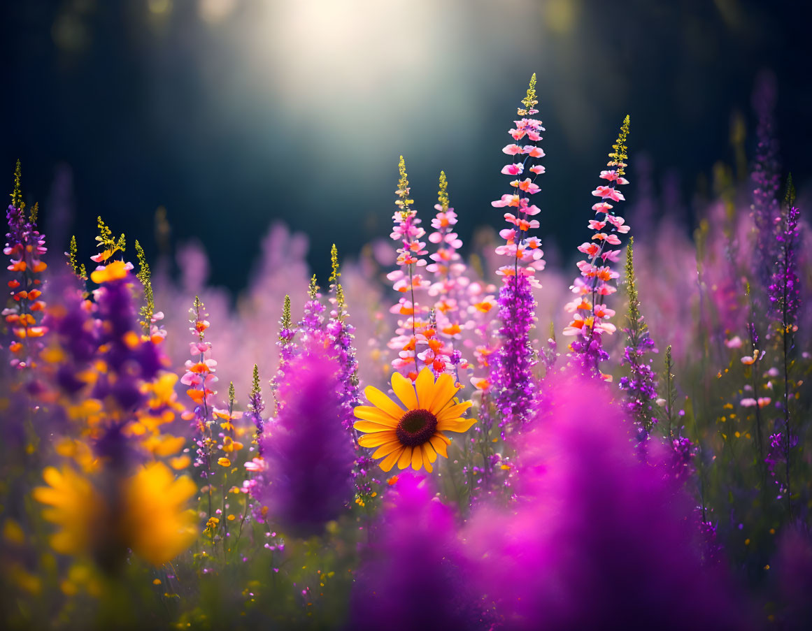 Colorful floral scene with yellow and purple flowers under soft sunlight