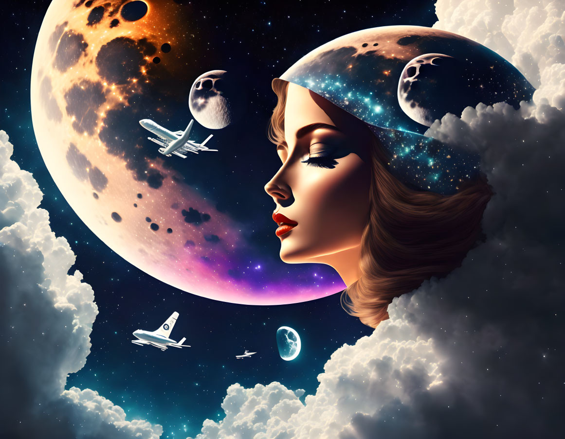 Surreal cosmic-themed woman's profile with planets and airplanes