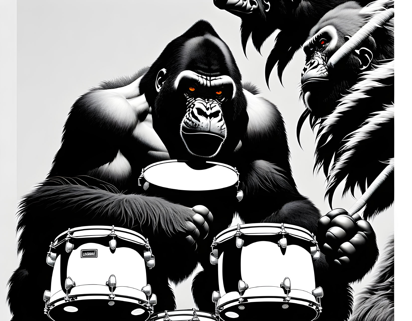 Monochrome image of gorilla drumming with two baboons