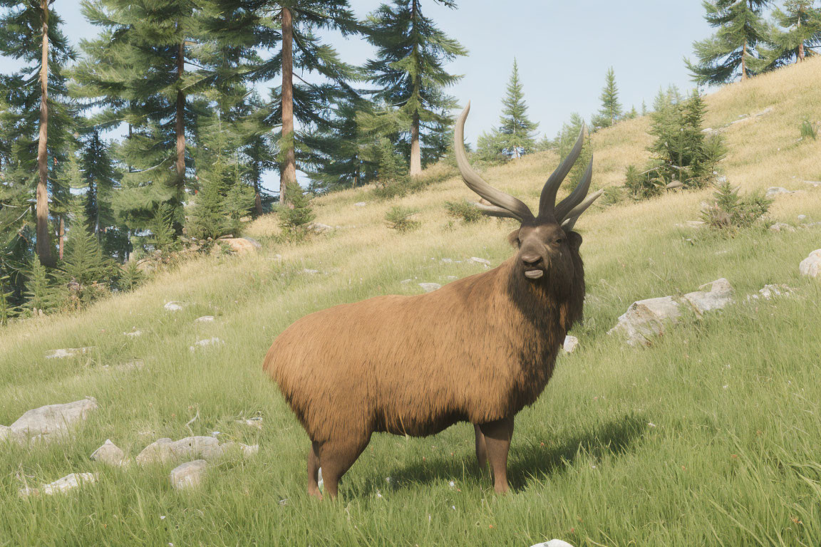 Majestic brown elk in sunny meadow with pine trees