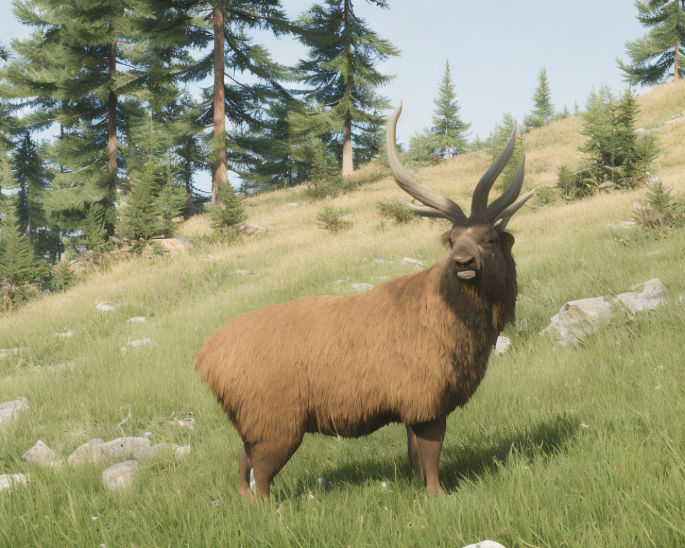 Majestic brown elk in sunny meadow with pine trees