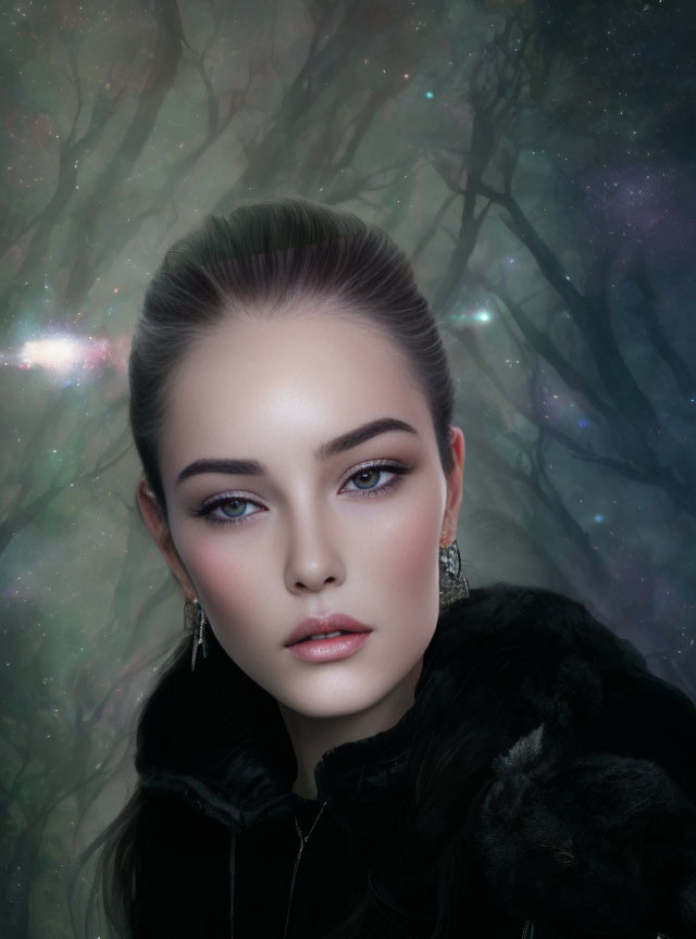 Woman with Blue Eyes in Black Clothing Against Mystical Forest