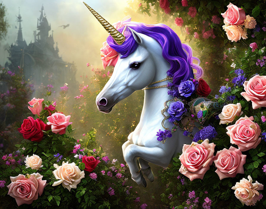 Majestic unicorn with purple mane in rose garden near fairy-tale castle