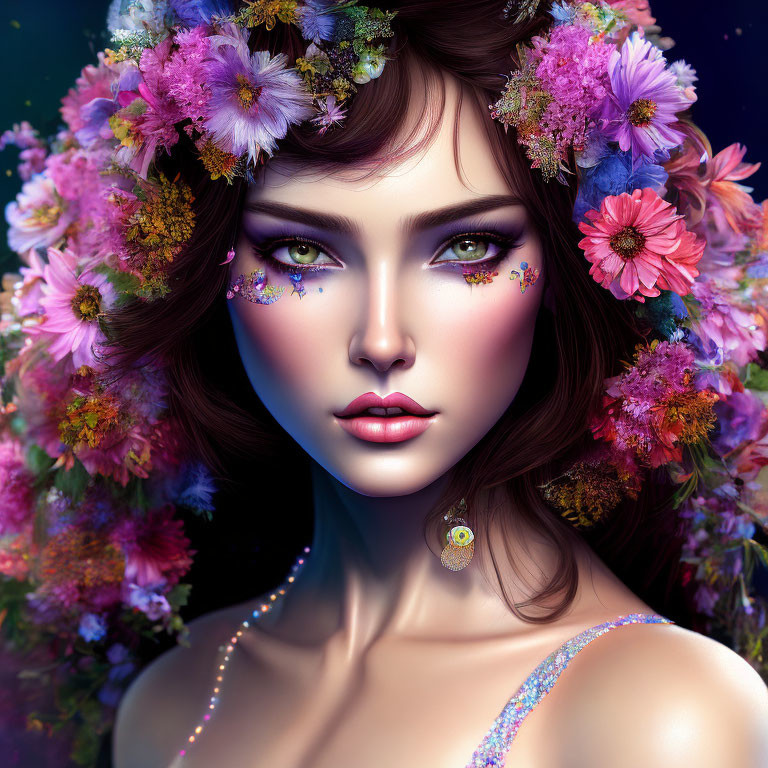 Digital art portrait of woman with floral wreath and intense gaze on dark, flower-filled backdrop