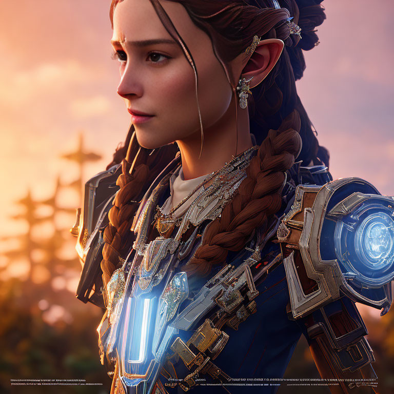 Woman in Braided Hair and Futuristic Tribal Attire with Glowing Blue Arm Device against Dusk