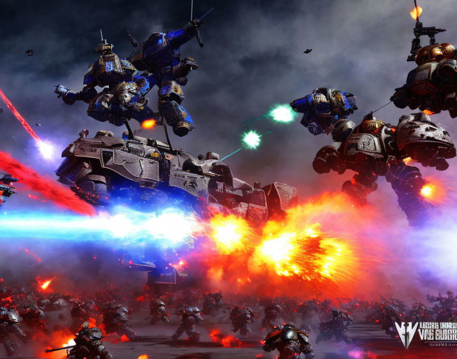 Sci-fi battle scene with large robots and soldiers in explosive action