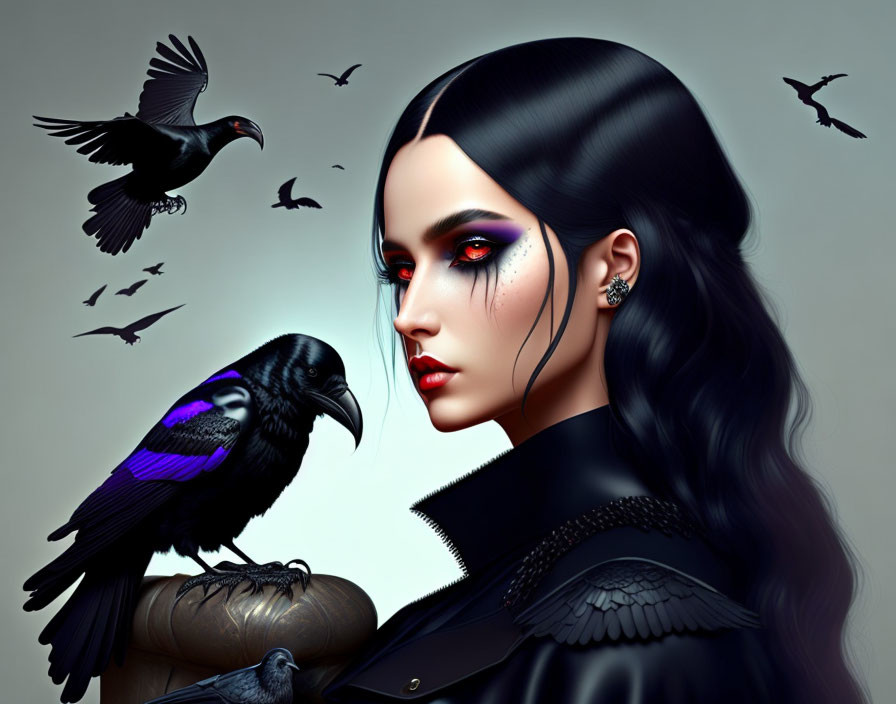 Dark-haired woman with red eyeshadow and raven illustration in bird-filled backdrop