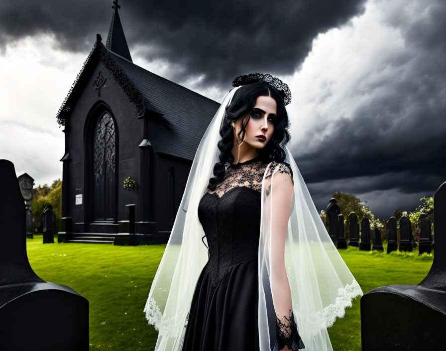 Gothic bride in black dress and veil at cemetery church under stormy sky