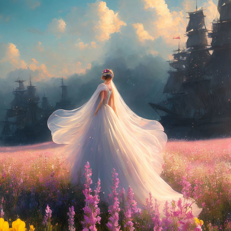 Woman in Long Flowing Dress in Field of Flowers Watching Distant Ships