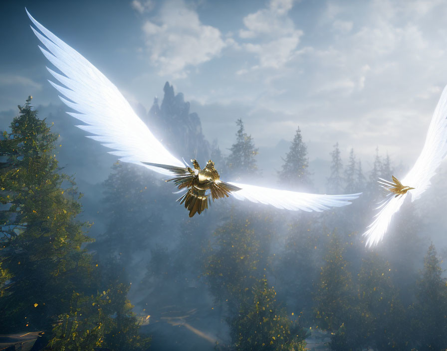 Glowing white-winged birds flying over forest and mountains