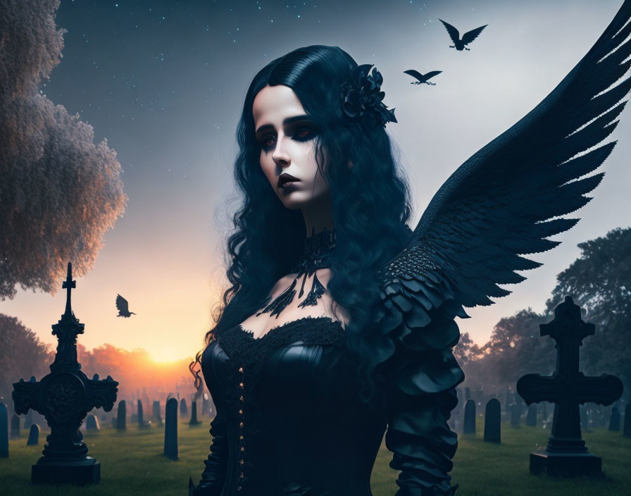 Gothic woman with raven in cemetery at dusk