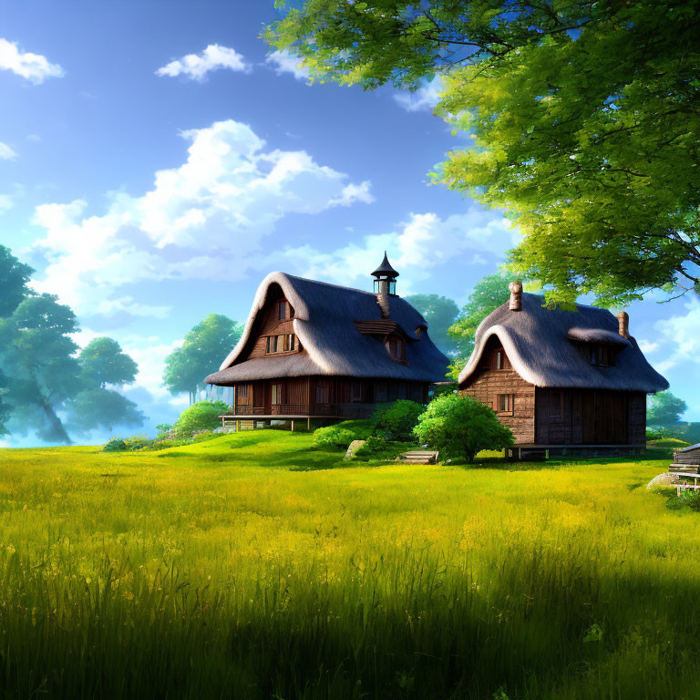 Thatched Roof Wooden Cottage in Green Field with Sunlight