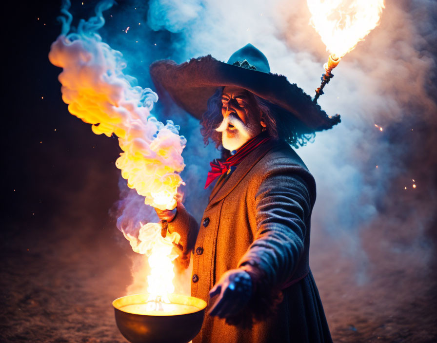 Person in Wide-Brimmed Hat Breathing Fire with Torch and Cauldron in Night Scene