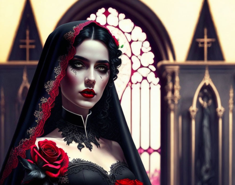 Gothic-themed illustration of woman in black and red dress