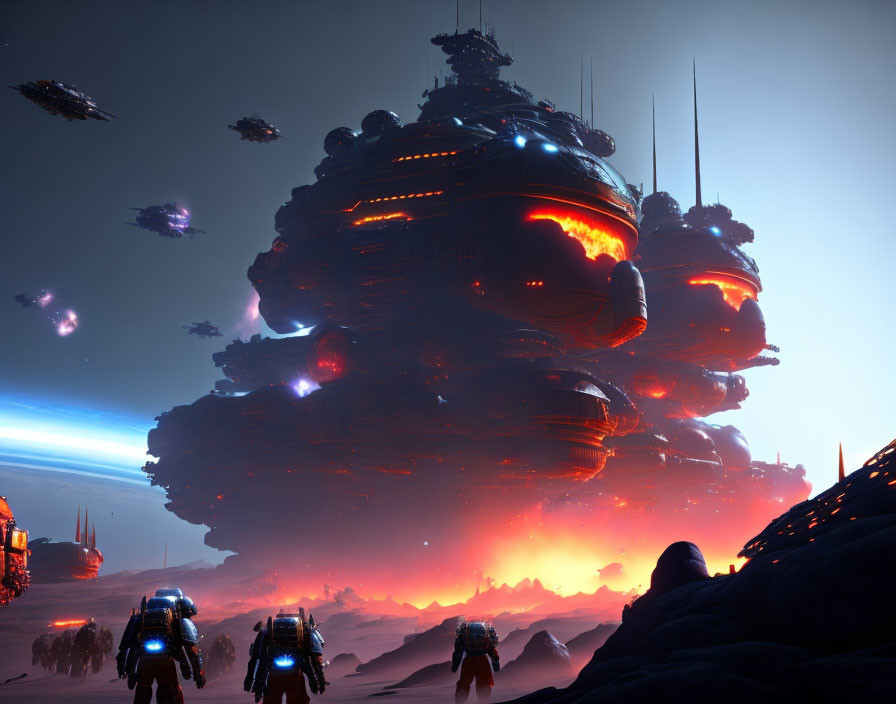 Futuristic sci-fi scene: Massive ships hover over glowing lava planet, armored figures on foot under