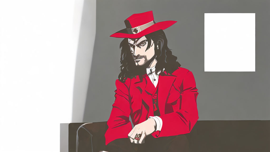 Illustrated character with long dark hair in red hat and jacket exudes cool aura