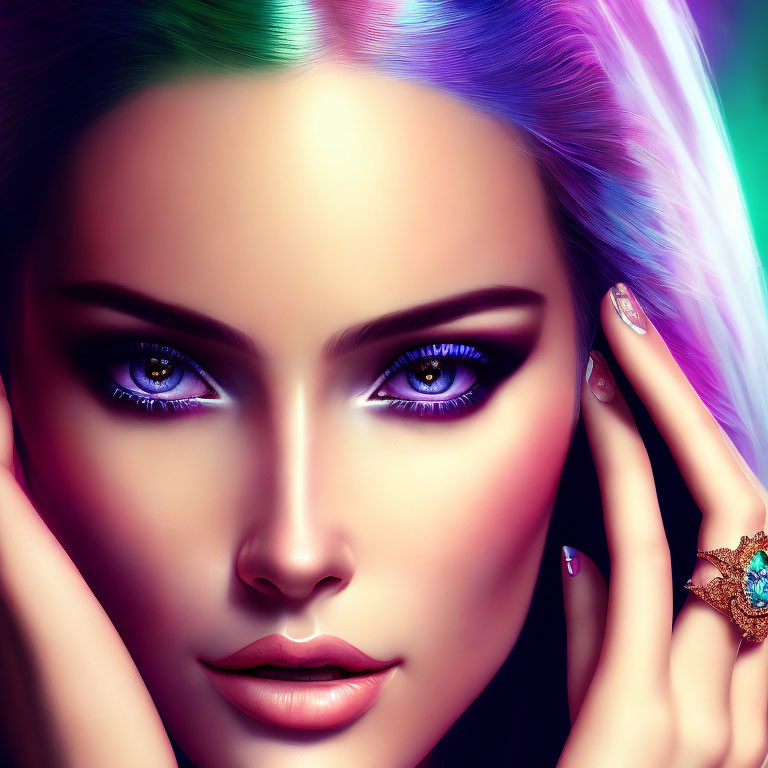 Colorful digital portrait of a woman with rainbow hair and purple eyes.