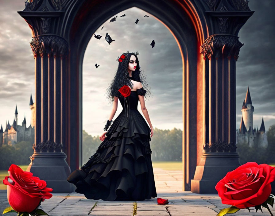 Gothic gown woman with red rose in castle archway surrounded by black birds