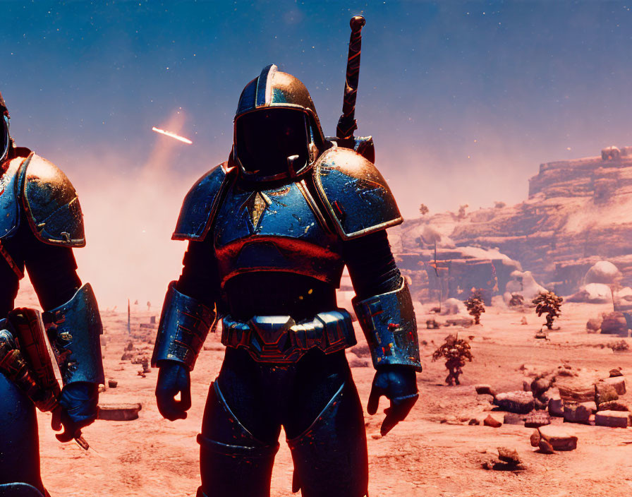 Armored figures in desert landscape under blue sky with signs of battle