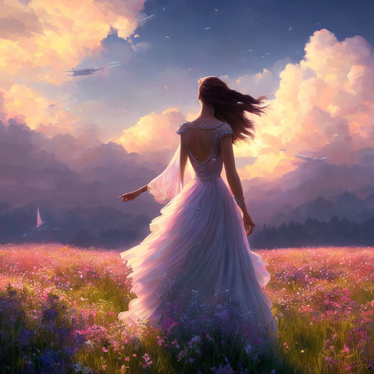 Woman in elegant dress in flower field at sunset with ships on horizon