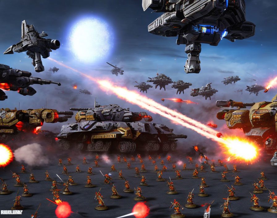 Sci-fi battle scene with mechs, tanks, and infantry in combat under blue sky with lasers and