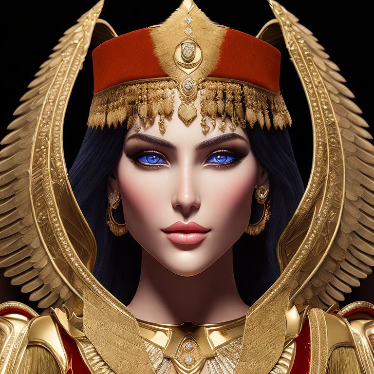 Stylized digital artwork: Woman with vibrant blue eyes in ancient Egyptian attire