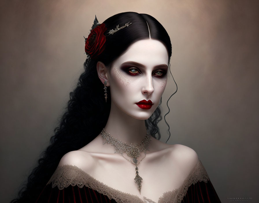 Digital Artwork: Pale-skinned woman with dark hair, red flower, bold red lips, and