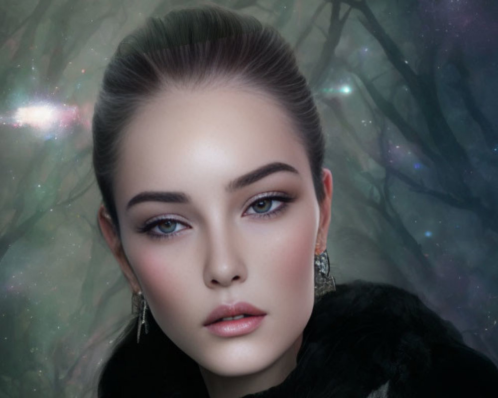 Woman with Blue Eyes in Black Clothing Against Mystical Forest