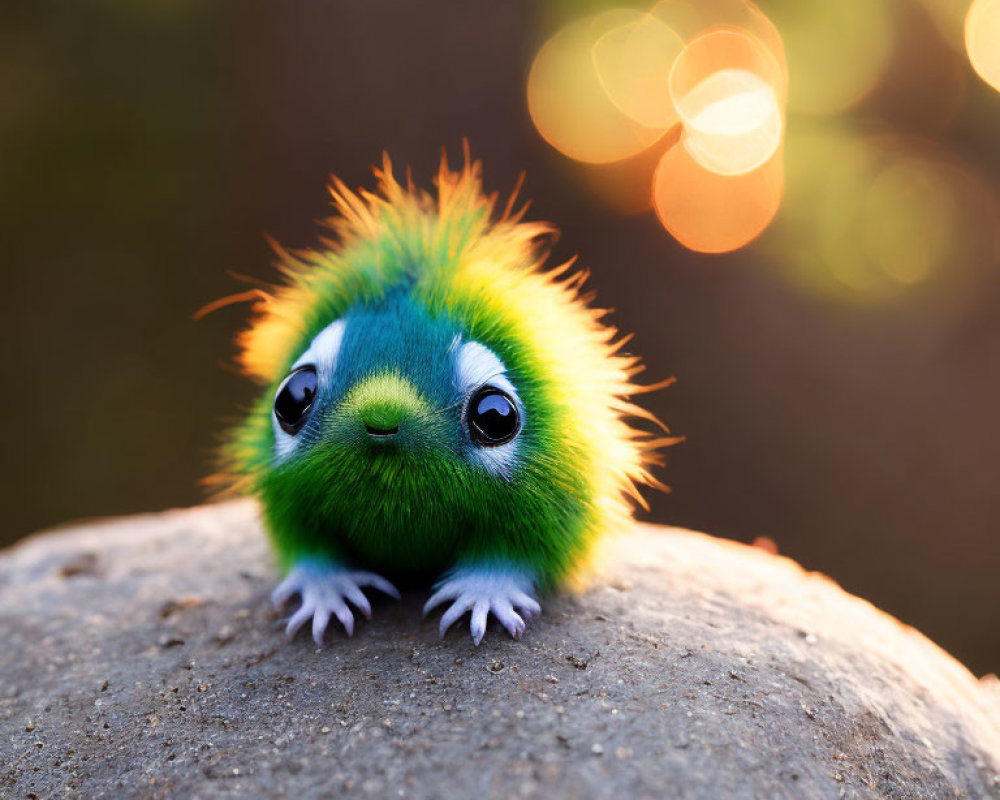 Fluffy green creature with blue highlights on rock with bokeh background