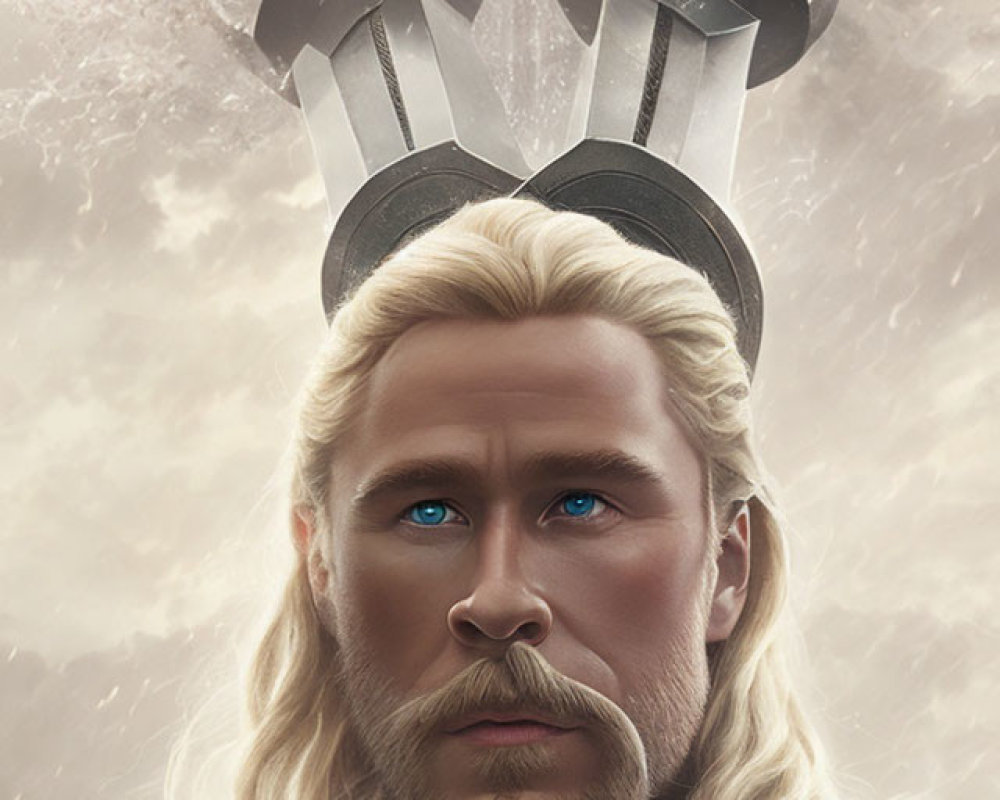 Blond man with blue eyes in armor and winged helmet under stormy sky embodies Norse god superhero