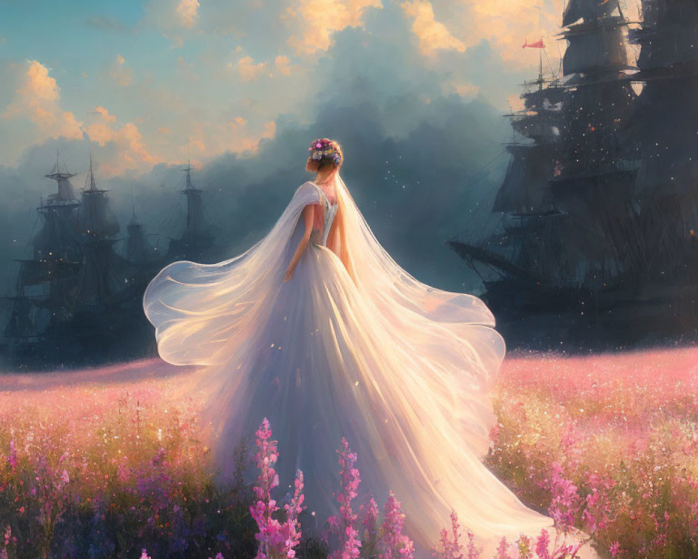 Woman in Long Flowing Dress in Field of Flowers Watching Distant Ships