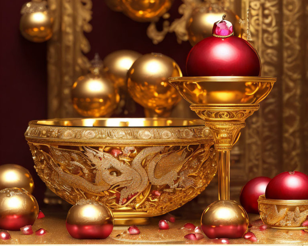 Golden Dragon Design Bowl with Christmas Ornaments on Red Background