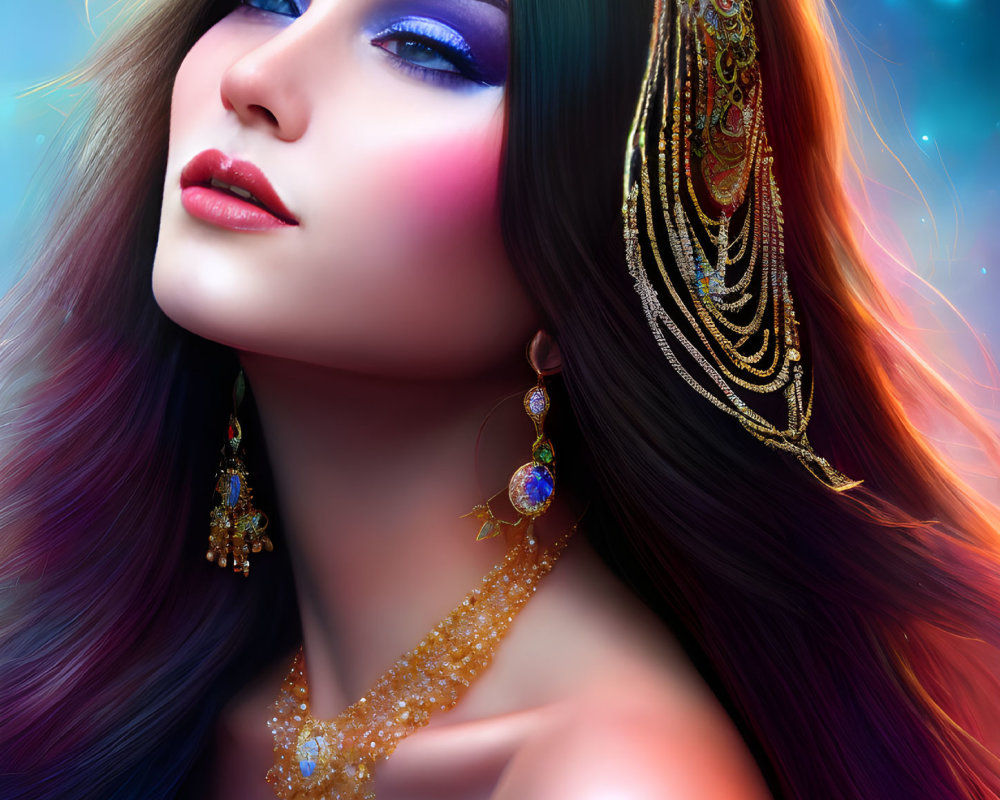 Vibrant purple hair and striking blue eye makeup portrait.