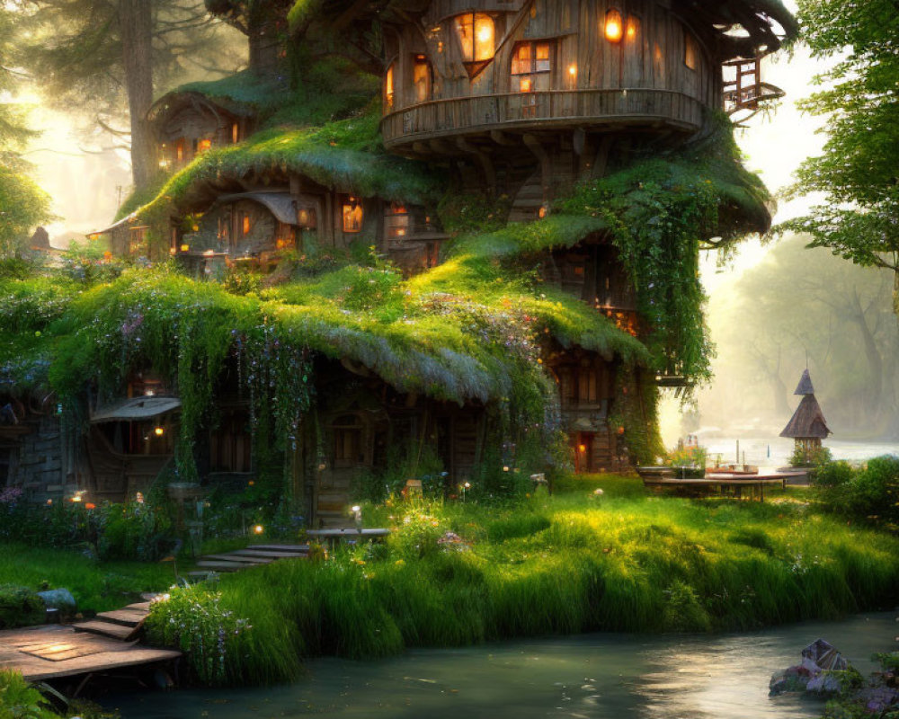 Enchanting treehouse in lush forest with glowing windows