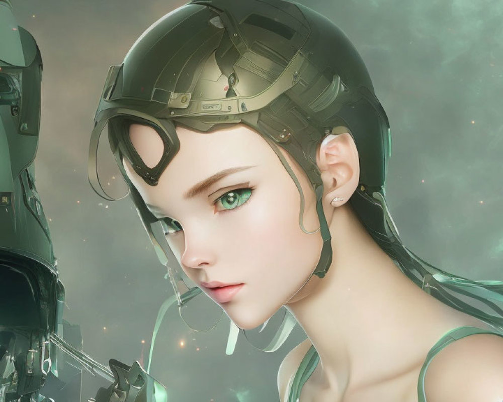 Futuristic female character with helmet and earpiece in galactic setting