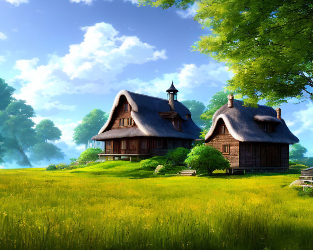 Thatched Roof Wooden Cottage in Green Field with Sunlight