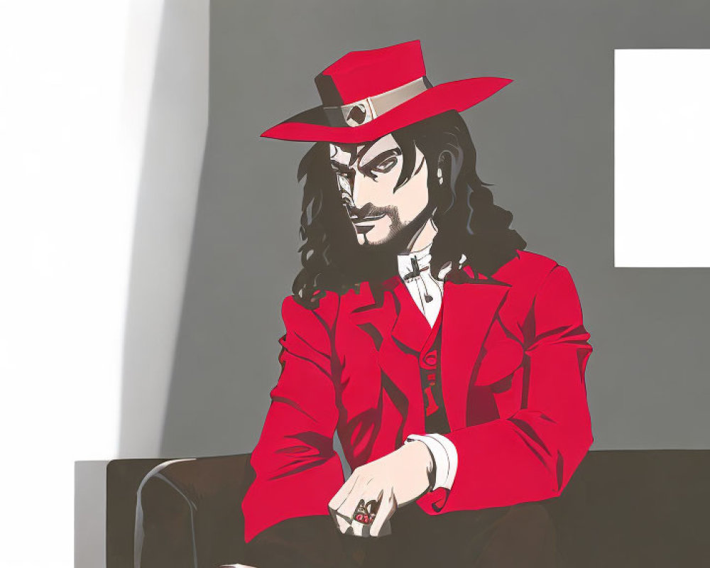 Illustrated character with long dark hair in red hat and jacket exudes cool aura