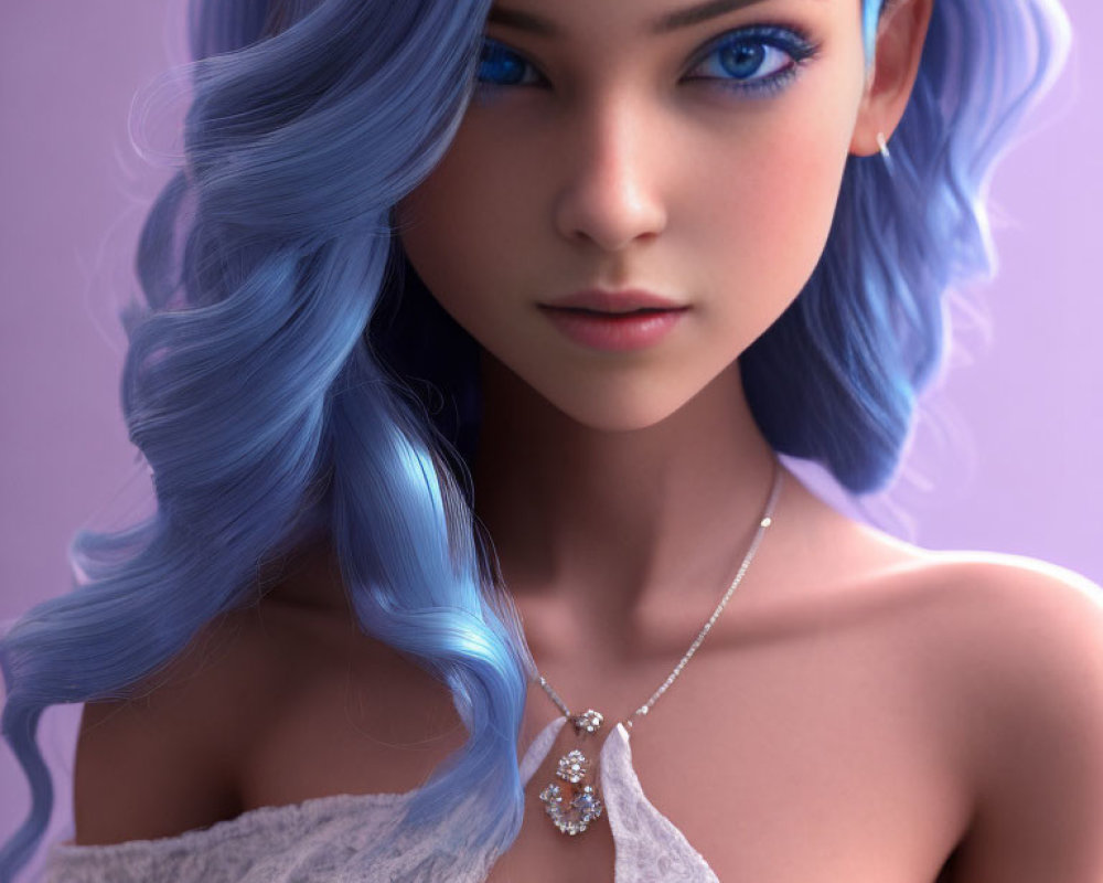 3D-rendered female character with blue hair and white dress on purple background