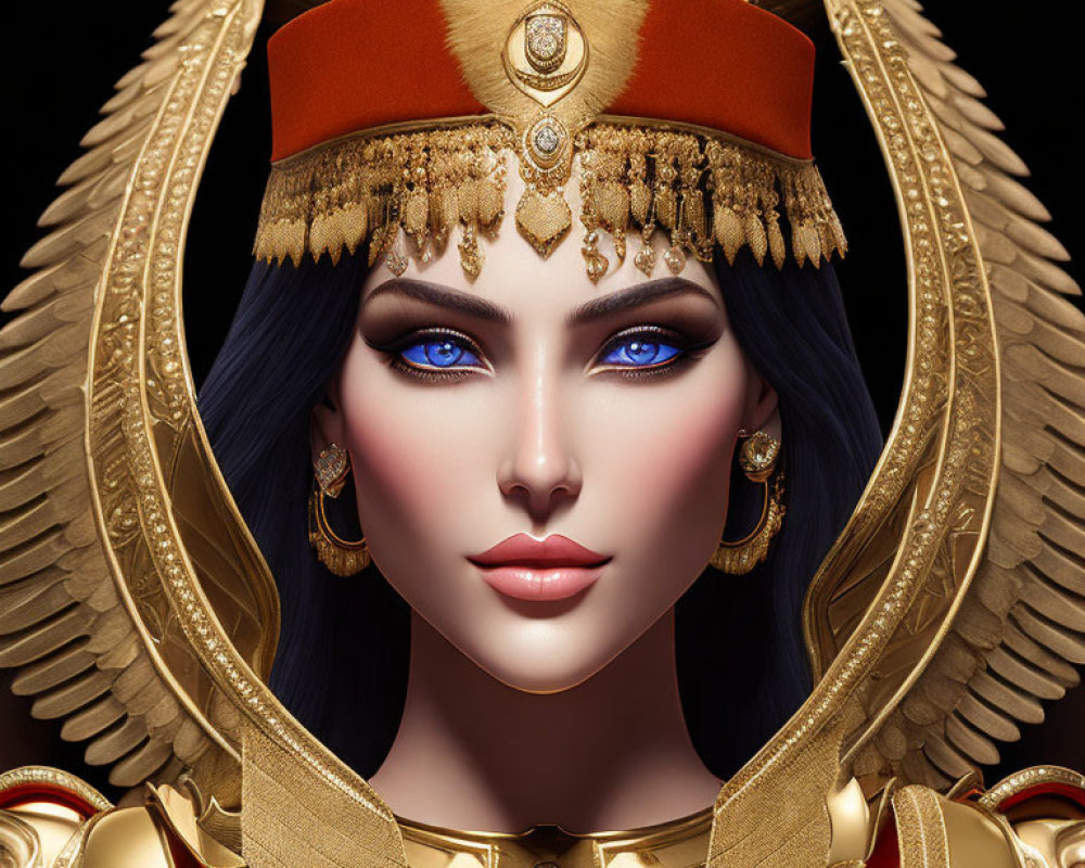 Stylized digital artwork: Woman with vibrant blue eyes in ancient Egyptian attire